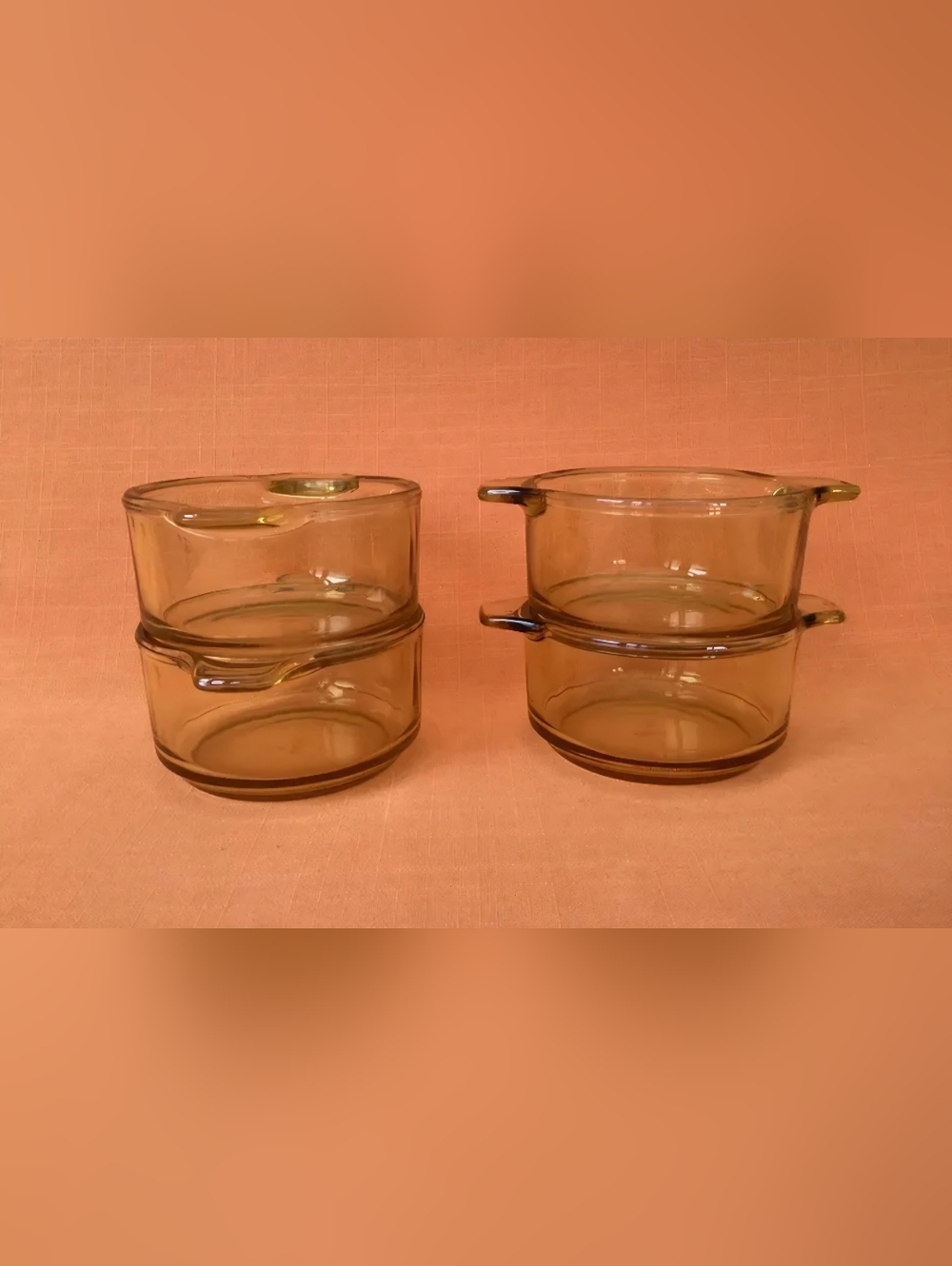1970s Amber Glass Soup Bowls with Handles Retro Pyr-O-Rey (Set of 4) - Picture 2 of 4